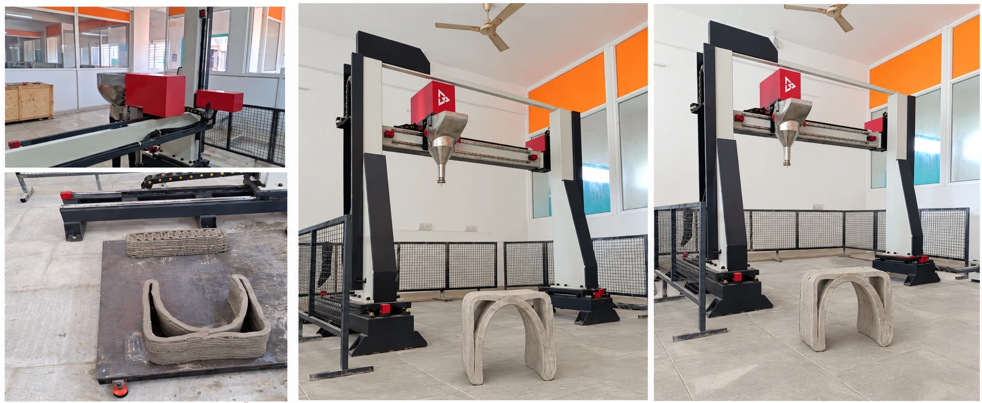 AI-enhanced collage of the college concrete printer and empty printed stools; people removed