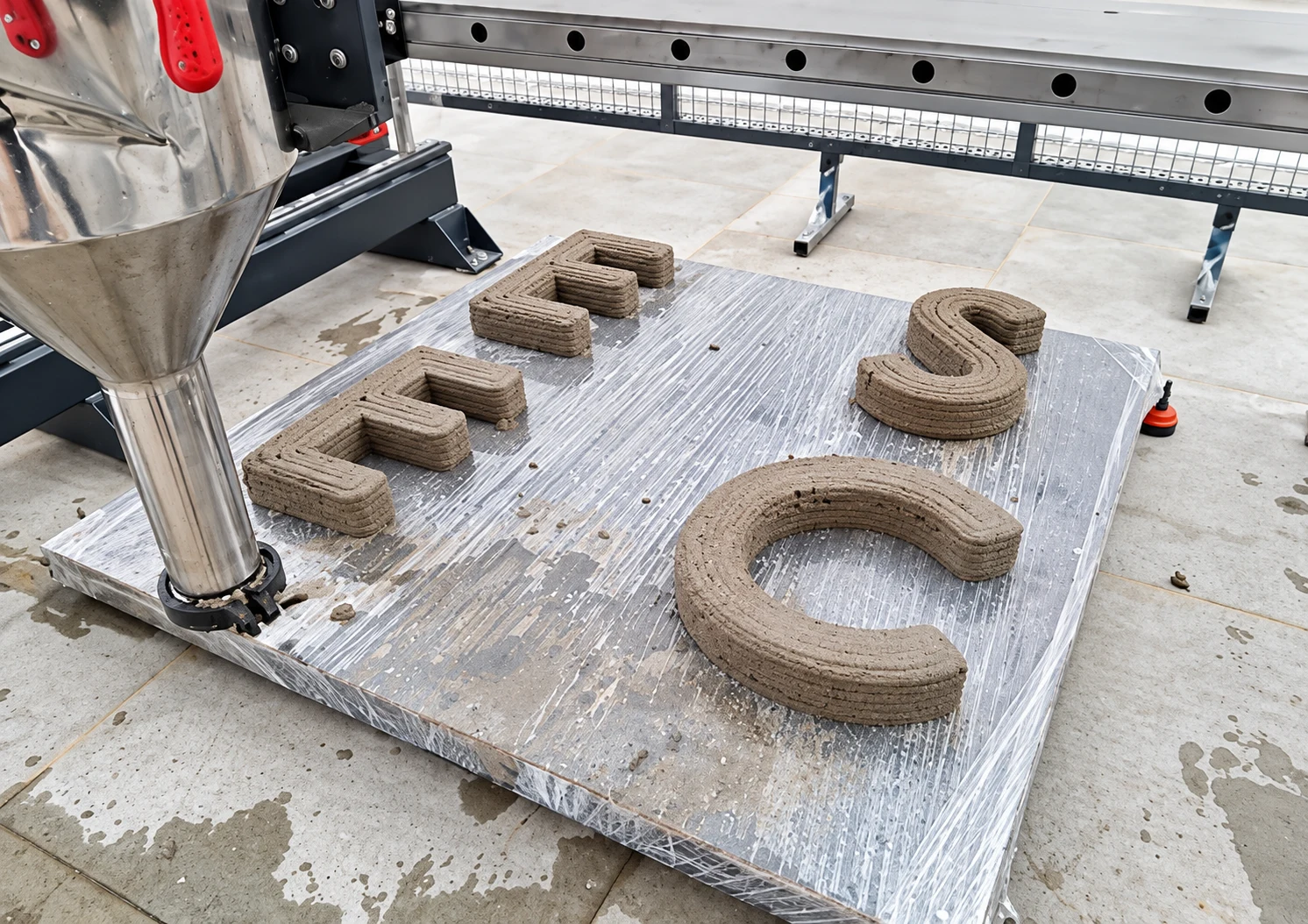 ESEC letters printed in layers of concrete under the printer nozzle
