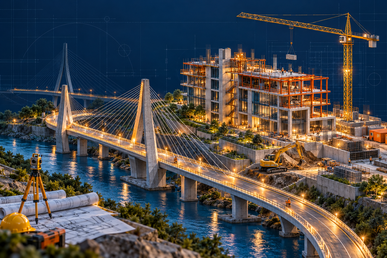 Civil engineering illustration with a construction site, tower crane and cable-stayed bridge